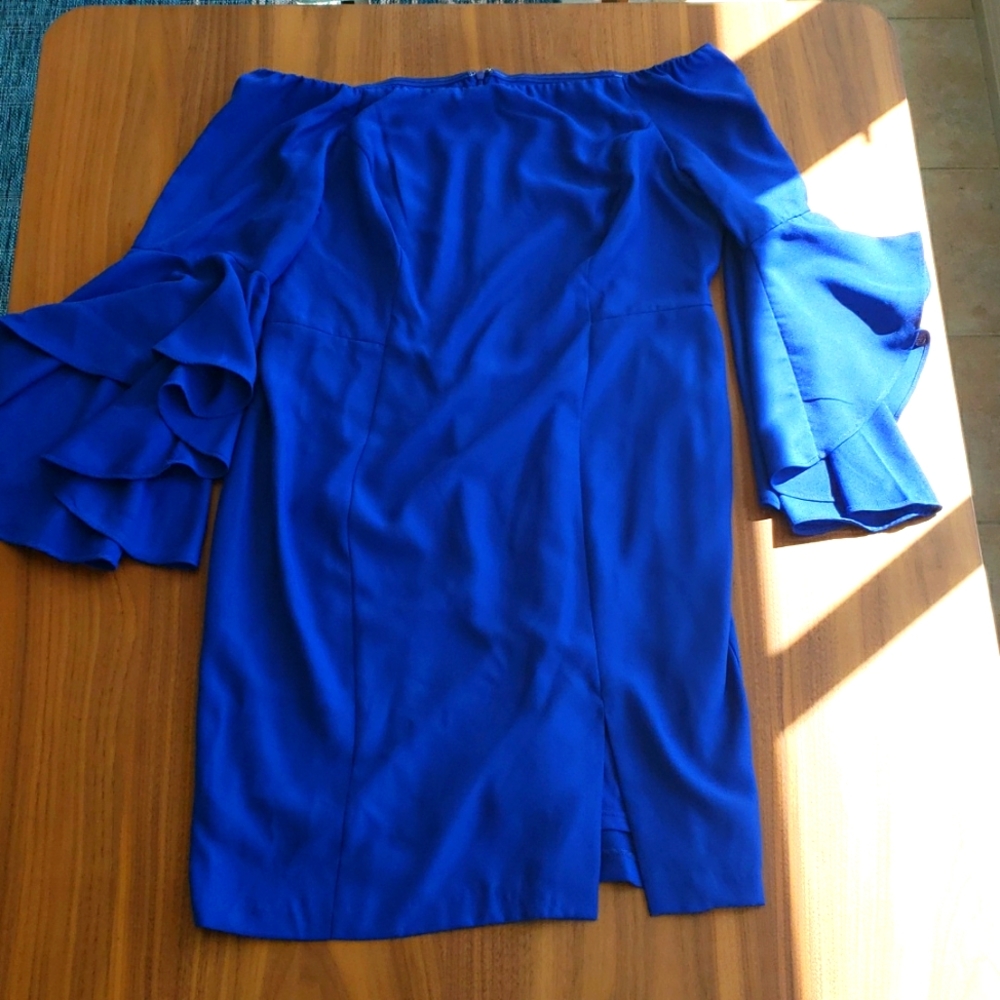 Blue off the shoulder midi dress by Venus size 16